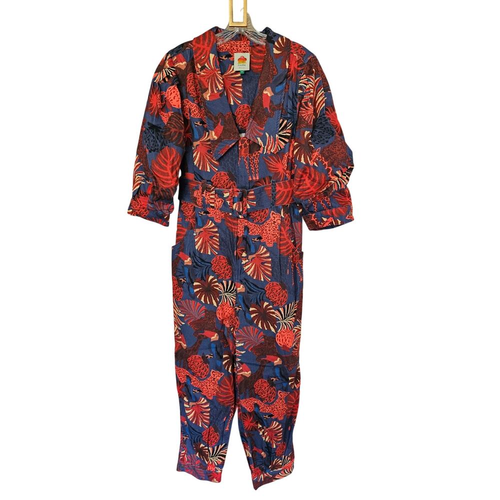 Farm Rio Navy Red Animals Tapestry Canvas Belted Jumpsuit Size Medium - Picture 5 of 16